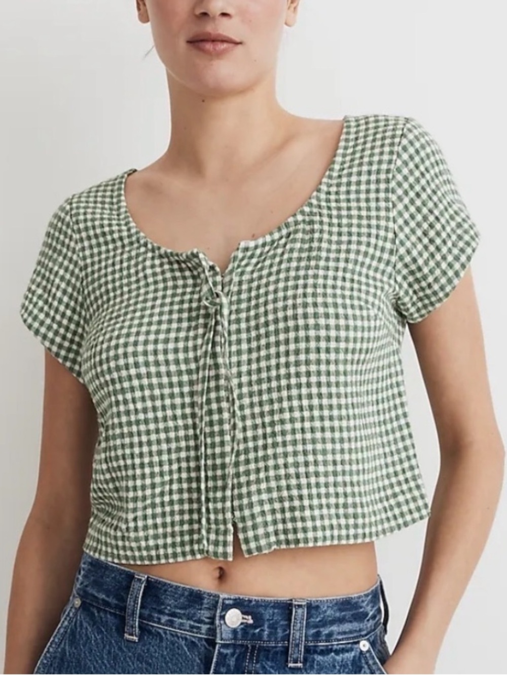Madewell Green Gingham Tie-Front Crop Top